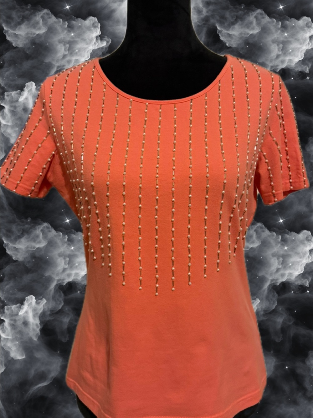 APART Impressions MEDIUM Coral Short-Sleeve Beaded cotton & spandex Top.